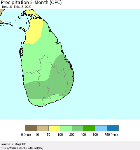 Sri Lanka Precipitation 2-Month (CPC) Thematic Map For 12/16/2019 - 2/15/2020