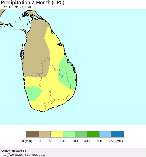 Sri Lanka Precipitation 2-Month (CPC) Thematic Map For 1/1/2020 - 2/29/2020