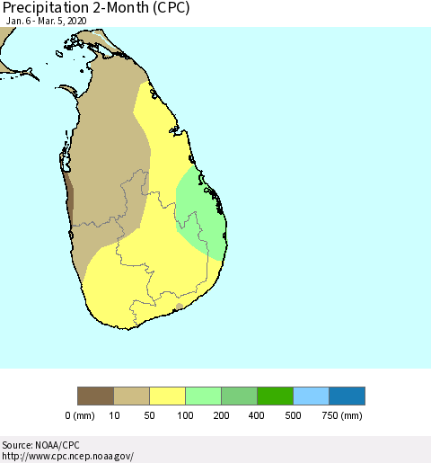 Sri Lanka Precipitation 2-Month (CPC) Thematic Map For 1/6/2020 - 3/5/2020