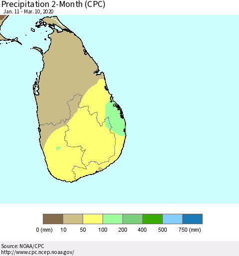 Sri Lanka Precipitation 2-Month (CPC) Thematic Map For 1/11/2020 - 3/10/2020