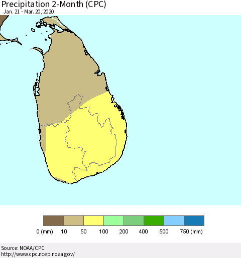 Sri Lanka Precipitation 2-Month (CPC) Thematic Map For 1/21/2020 - 3/20/2020