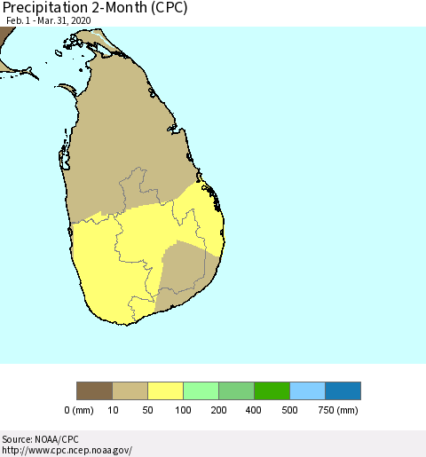 Sri Lanka Precipitation 2-Month (CPC) Thematic Map For 2/1/2020 - 3/31/2020