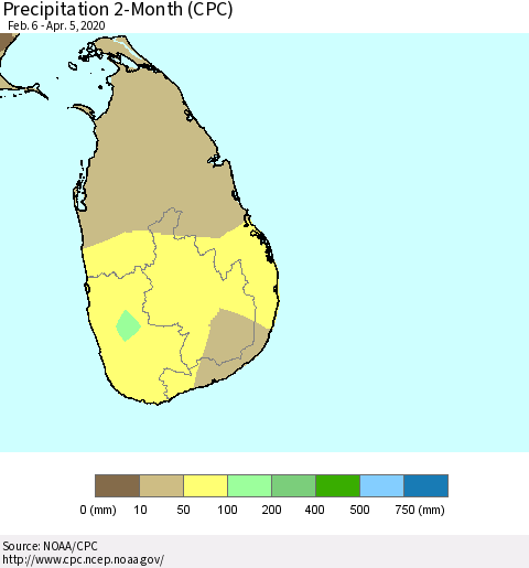 Sri Lanka Precipitation 2-Month (CPC) Thematic Map For 2/6/2020 - 4/5/2020
