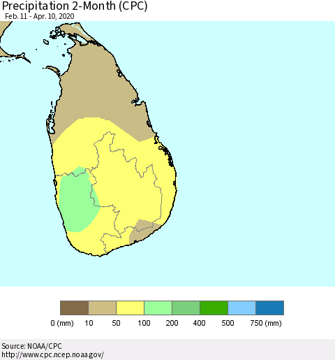 Sri Lanka Precipitation 2-Month (CPC) Thematic Map For 2/11/2020 - 4/10/2020