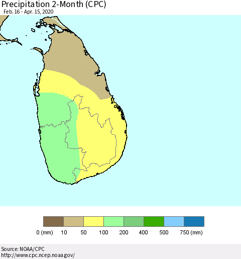 Sri Lanka Precipitation 2-Month (CPC) Thematic Map For 2/16/2020 - 4/15/2020