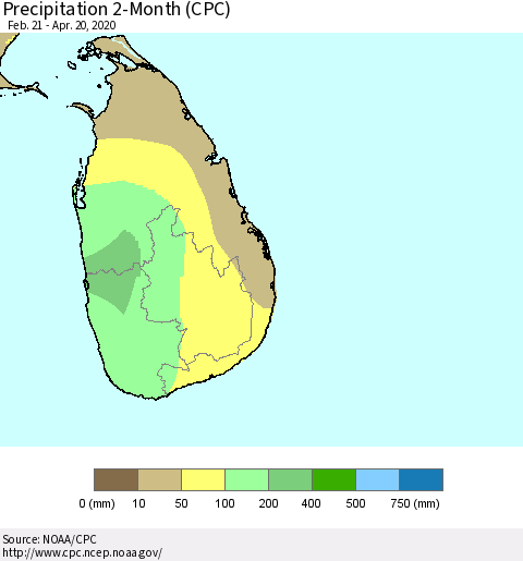 Sri Lanka Precipitation 2-Month (CPC) Thematic Map For 2/21/2020 - 4/20/2020