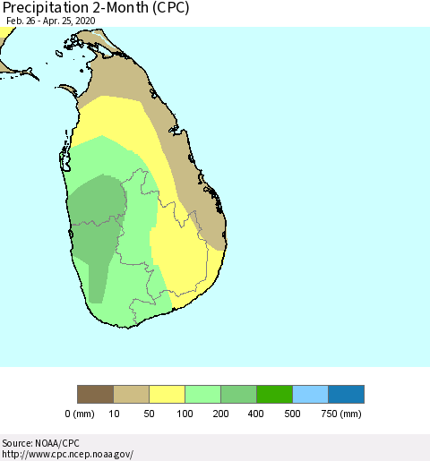 Sri Lanka Precipitation 2-Month (CPC) Thematic Map For 2/26/2020 - 4/25/2020