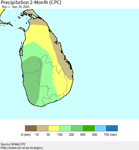 Sri Lanka Precipitation 2-Month (CPC) Thematic Map For 3/1/2020 - 4/30/2020