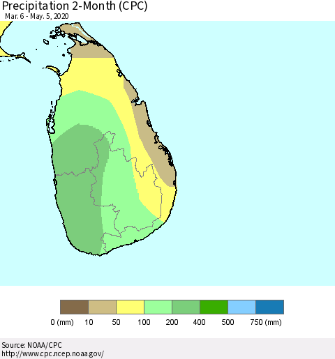 Sri Lanka Precipitation 2-Month (CPC) Thematic Map For 3/6/2020 - 5/5/2020