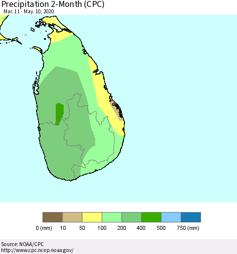 Sri Lanka Precipitation 2-Month (CPC) Thematic Map For 3/11/2020 - 5/10/2020