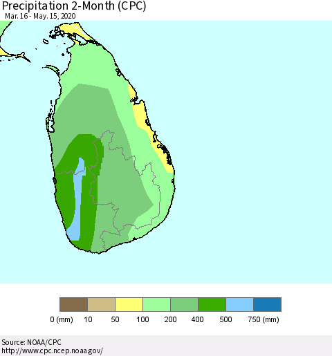 Sri Lanka Precipitation 2-Month (CPC) Thematic Map For 3/16/2020 - 5/15/2020