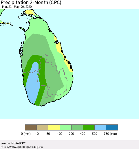 Sri Lanka Precipitation 2-Month (CPC) Thematic Map For 3/21/2020 - 5/20/2020