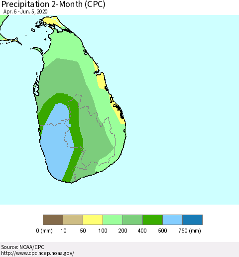 Sri Lanka Precipitation 2-Month (CPC) Thematic Map For 4/6/2020 - 6/5/2020