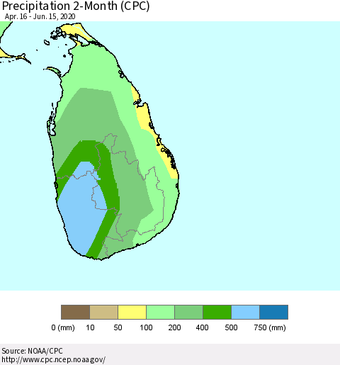 Sri Lanka Precipitation 2-Month (CPC) Thematic Map For 4/16/2020 - 6/15/2020