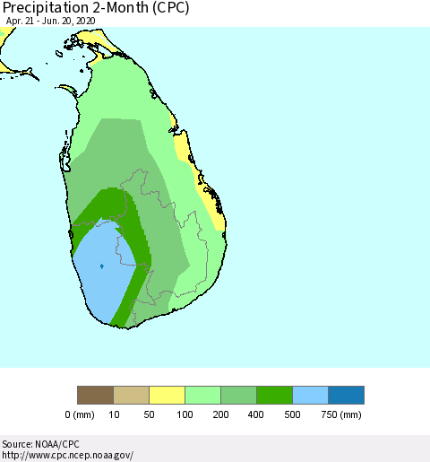 Sri Lanka Precipitation 2-Month (CPC) Thematic Map For 4/21/2020 - 6/20/2020
