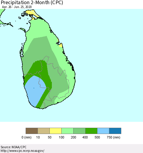 Sri Lanka Precipitation 2-Month (CPC) Thematic Map For 4/26/2020 - 6/25/2020
