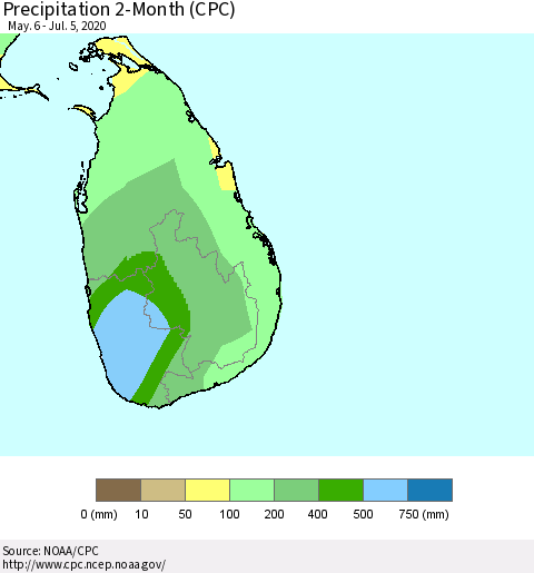 Sri Lanka Precipitation 2-Month (CPC) Thematic Map For 5/6/2020 - 7/5/2020