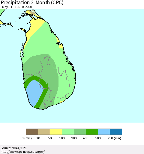 Sri Lanka Precipitation 2-Month (CPC) Thematic Map For 5/11/2020 - 7/10/2020