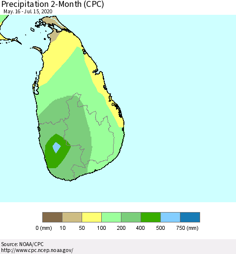 Sri Lanka Precipitation 2-Month (CPC) Thematic Map For 5/16/2020 - 7/15/2020