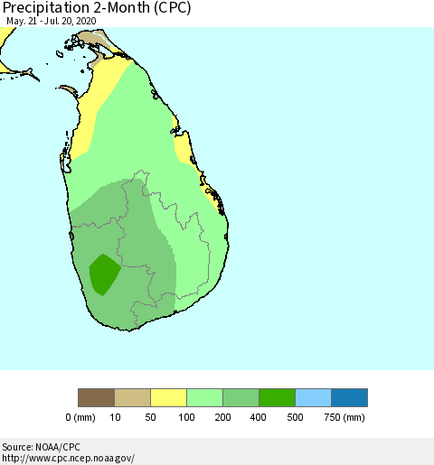 Sri Lanka Precipitation 2-Month (CPC) Thematic Map For 5/21/2020 - 7/20/2020