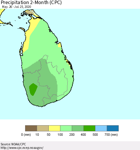 Sri Lanka Precipitation 2-Month (CPC) Thematic Map For 5/26/2020 - 7/25/2020