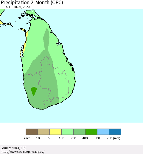Sri Lanka Precipitation 2-Month (CPC) Thematic Map For 6/1/2020 - 7/31/2020