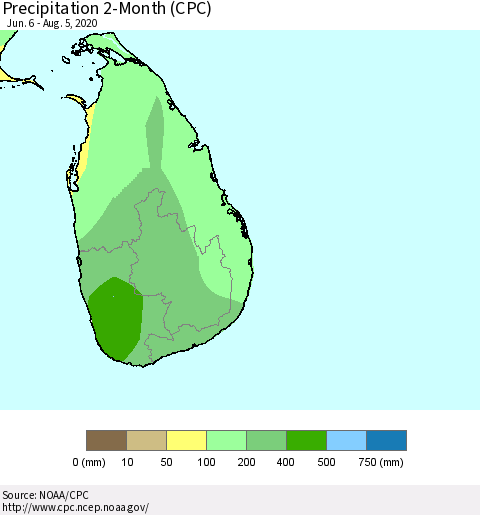 Sri Lanka Precipitation 2-Month (CPC) Thematic Map For 6/6/2020 - 8/5/2020