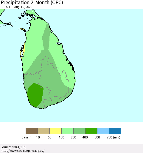 Sri Lanka Precipitation 2-Month (CPC) Thematic Map For 6/11/2020 - 8/10/2020