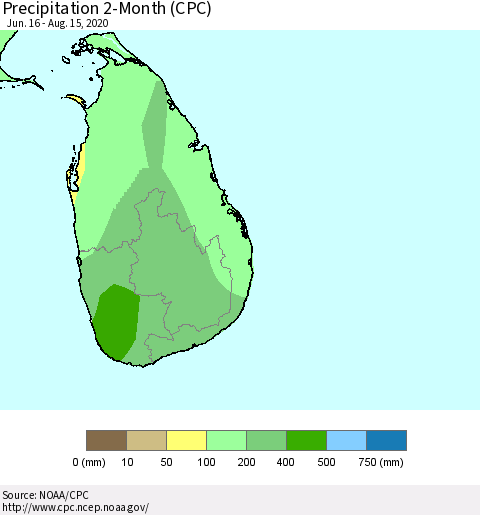 Sri Lanka Precipitation 2-Month (CPC) Thematic Map For 6/16/2020 - 8/15/2020