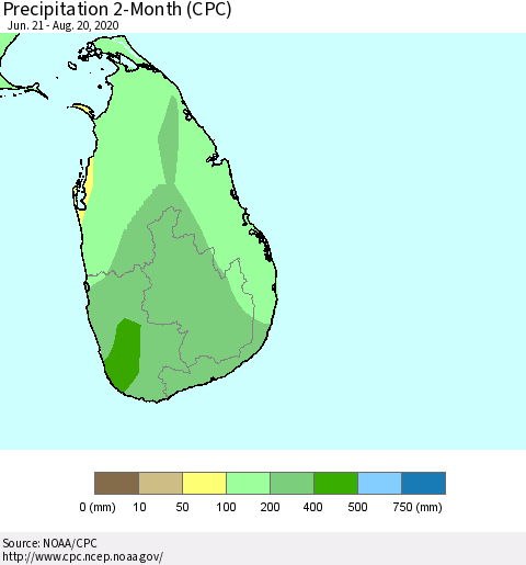 Sri Lanka Precipitation 2-Month (CPC) Thematic Map For 6/21/2020 - 8/20/2020