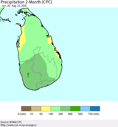 Sri Lanka Precipitation 2-Month (CPC) Thematic Map For 6/26/2020 - 8/25/2020