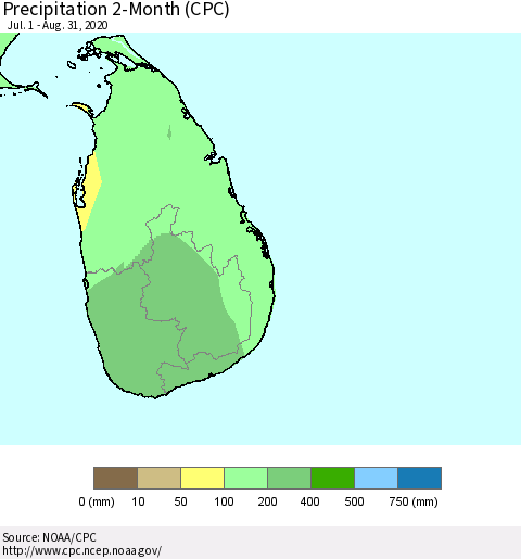 Sri Lanka Precipitation 2-Month (CPC) Thematic Map For 7/1/2020 - 8/31/2020