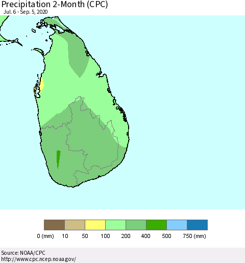Sri Lanka Precipitation 2-Month (CPC) Thematic Map For 7/6/2020 - 9/5/2020