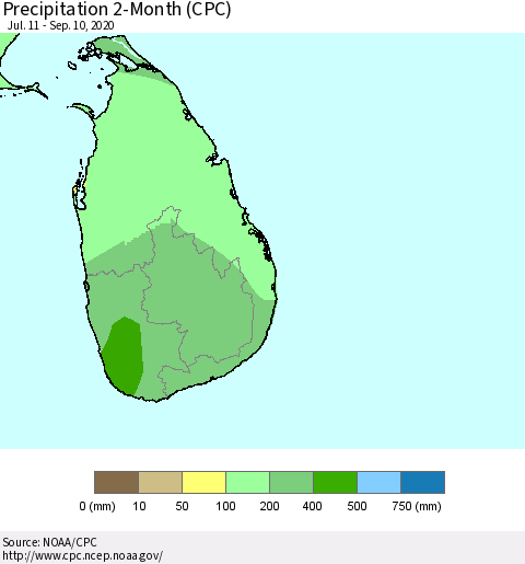 Sri Lanka Precipitation 2-Month (CPC) Thematic Map For 7/11/2020 - 9/10/2020