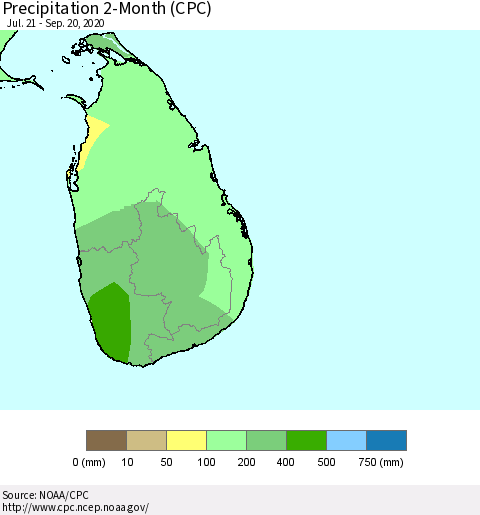 Sri Lanka Precipitation 2-Month (CPC) Thematic Map For 7/21/2020 - 9/20/2020