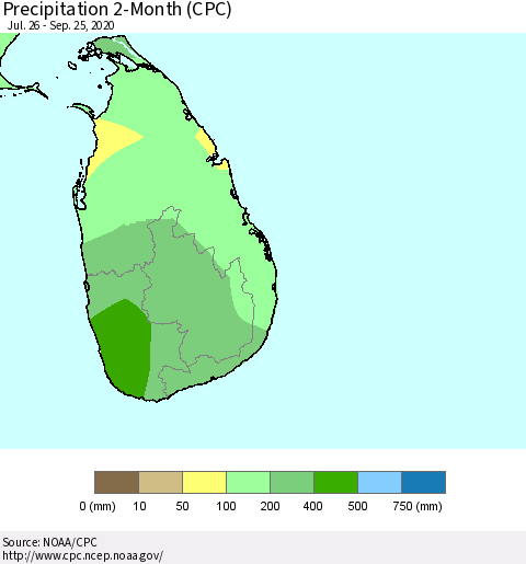 Sri Lanka Precipitation 2-Month (CPC) Thematic Map For 7/26/2020 - 9/25/2020