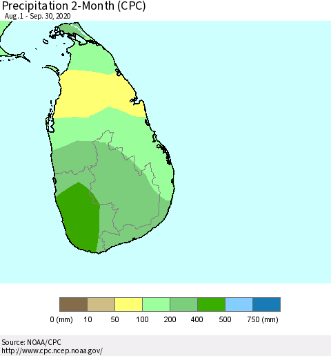 Sri Lanka Precipitation 2-Month (CPC) Thematic Map For 8/1/2020 - 9/30/2020