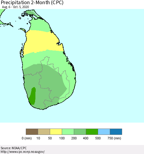 Sri Lanka Precipitation 2-Month (CPC) Thematic Map For 8/6/2020 - 10/5/2020