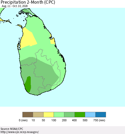 Sri Lanka Precipitation 2-Month (CPC) Thematic Map For 8/11/2020 - 10/10/2020