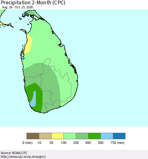 Sri Lanka Precipitation 2-Month (CPC) Thematic Map For 8/26/2020 - 10/25/2020