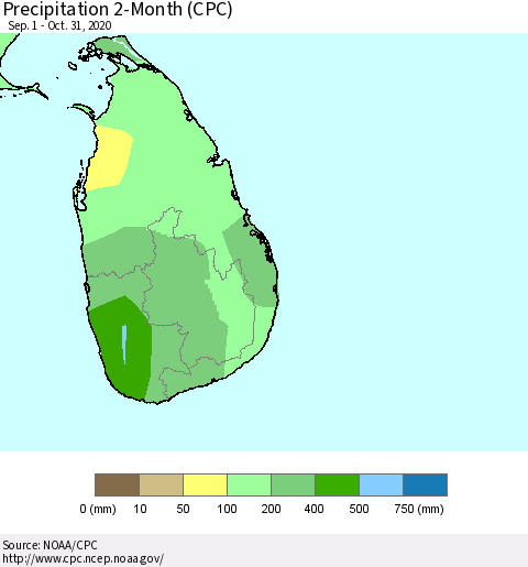Sri Lanka Precipitation 2-Month (CPC) Thematic Map For 9/1/2020 - 10/31/2020