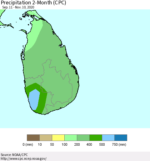 Sri Lanka Precipitation 2-Month (CPC) Thematic Map For 9/11/2020 - 11/10/2020