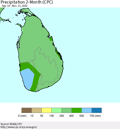 Sri Lanka Precipitation 2-Month (CPC) Thematic Map For 9/16/2020 - 11/15/2020