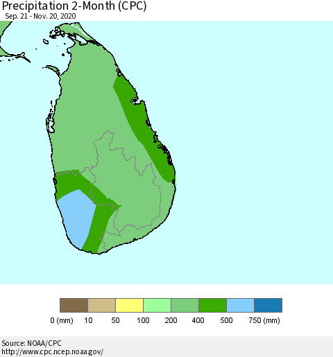 Sri Lanka Precipitation 2-Month (CPC) Thematic Map For 9/21/2020 - 11/20/2020