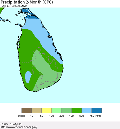 Sri Lanka Precipitation 2-Month (CPC) Thematic Map For 10/11/2020 - 12/10/2020