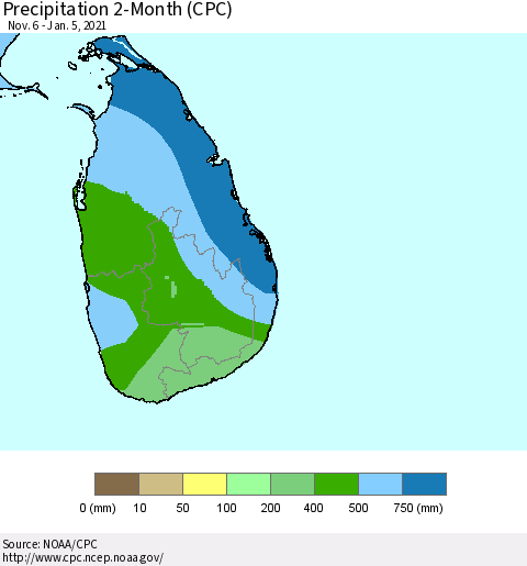 Sri Lanka Precipitation 2-Month (CPC) Thematic Map For 11/6/2020 - 1/5/2021