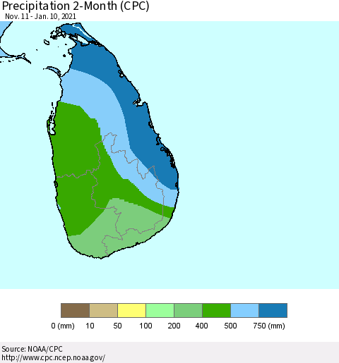 Sri Lanka Precipitation 2-Month (CPC) Thematic Map For 11/11/2020 - 1/10/2021