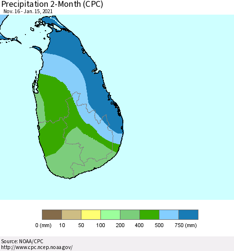 Sri Lanka Precipitation 2-Month (CPC) Thematic Map For 11/16/2020 - 1/15/2021