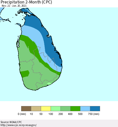Sri Lanka Precipitation 2-Month (CPC) Thematic Map For 11/21/2020 - 1/20/2021