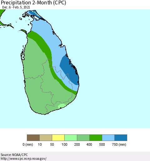 Sri Lanka Precipitation 2-Month (CPC) Thematic Map For 12/6/2020 - 2/5/2021